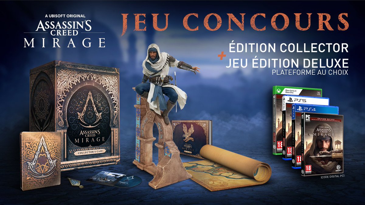 Assassin's Creed Mirage sortait il y a 6 mois déjà ! 🕌 Pour fêter ça, on vous fait gagner une magnifique Édition Collector avec le jeu en Édition Collector ! 🎁 Participe au jeu concours : 🔄 RT ce tweet 💬 Commente la plateforme voulue ✅ Abonne-toi à @AssassinsFR