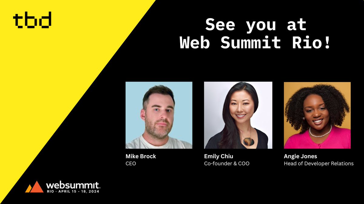 TBD is heading to #WebSummitRio 🇧🇷 Meet the TBD team in Rio and learn about tbDEX! Be sure to catch our keynotes and panel presentations by @brockm, @emilycchiu, and @techgirl1908. And don't miss our Fintech Social on April 17th! RSVP 👉 tbdwebsummitrio.rsvpify.com