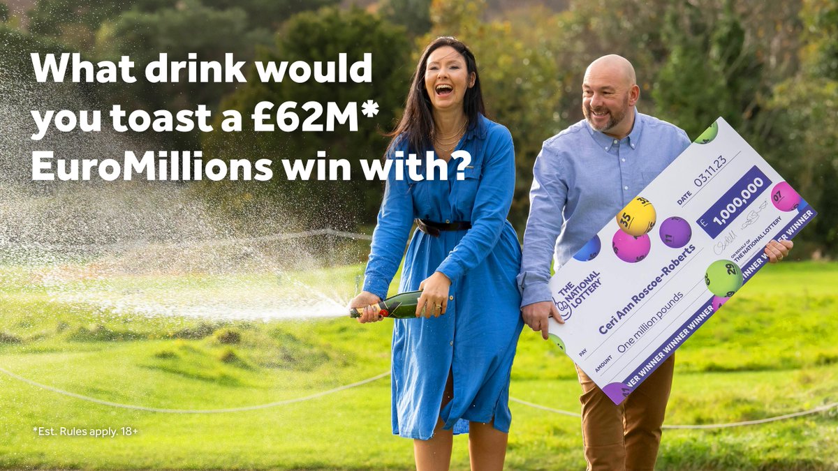 Ceri and Paul won £1M on EuroMillions and celebrated with Champagne. If you won tonight’s £62M* EuroMillions jackpot, what would you be toasting with? 🥂☕🥛🍻 *Est. Rules Apply. 18+ #NationalLottery #GetThatEuroMillionsFeeling