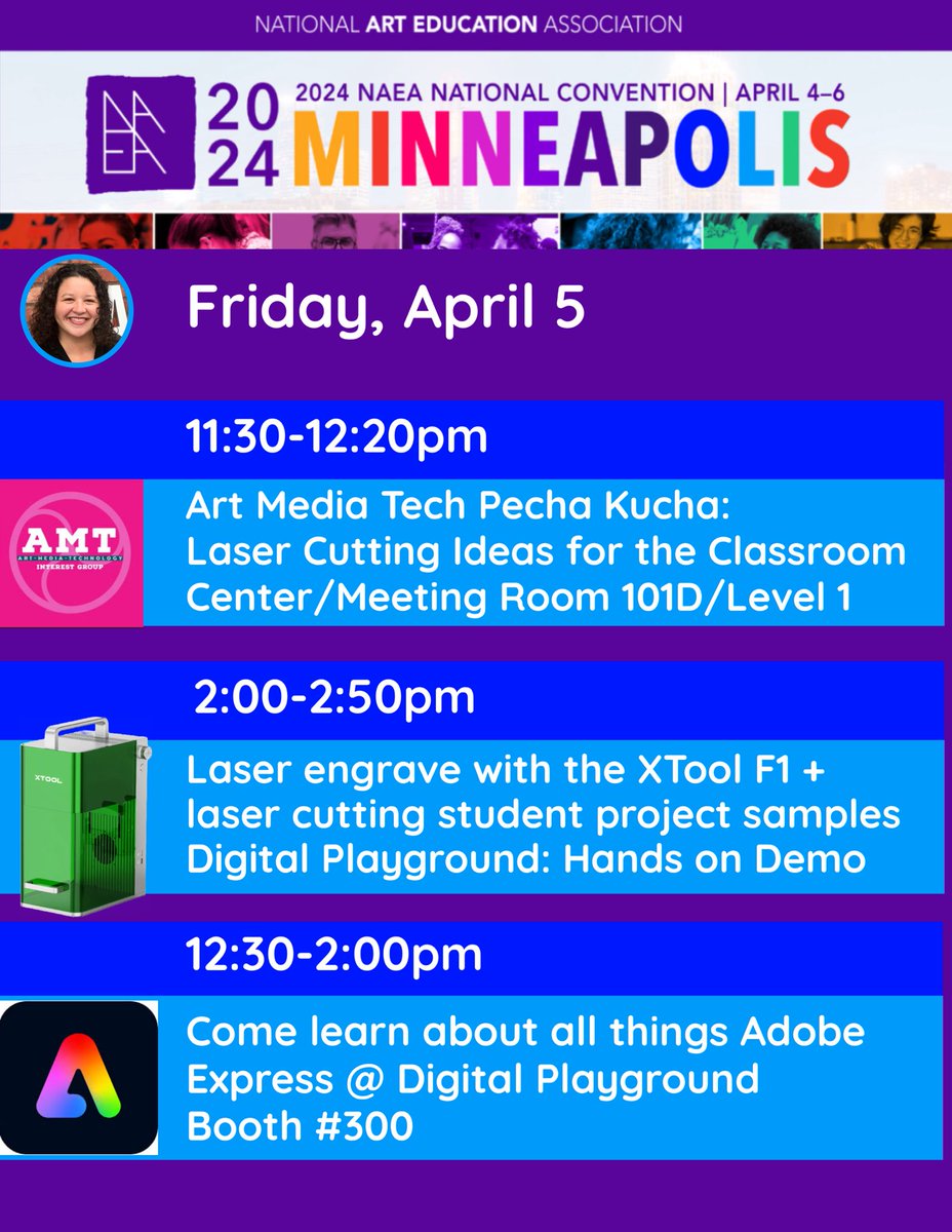 sherrip's tweet image. Join me at my sessions today at #NAEA24!  🎉🎉 We have a great lineup of presenters at the @aetnaea Pecha Kucha! Come to the digital playground to laser engrave with the XTool F1 portable laser from @Makeblock! Check out @adobeexpress at the Adobe booth #300! #adobeeducreative