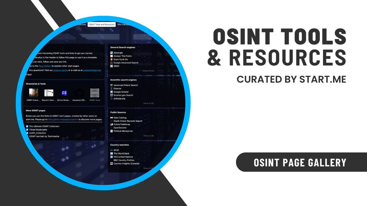 We’ve collected interesting OSINT tools and links to get you started. Major categories: Directories & Tools, start.me OSINT pages (curated by users), General search engines, Domain and IP search, People search, and Public sources. start.me/p/gy1BgY/osint…