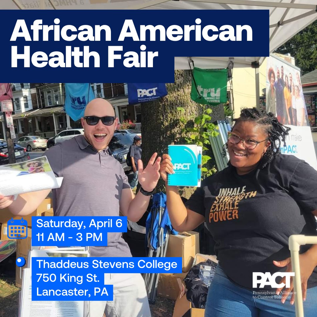 ALAPACT's tweet image. Tomorrow we will be at the African American Health Fair at Thaddeus Stevens College from 11AM – 3PM! Come out and see us, we have plenty of free resources and are happy to answer any questions you may have about lung health. 💪