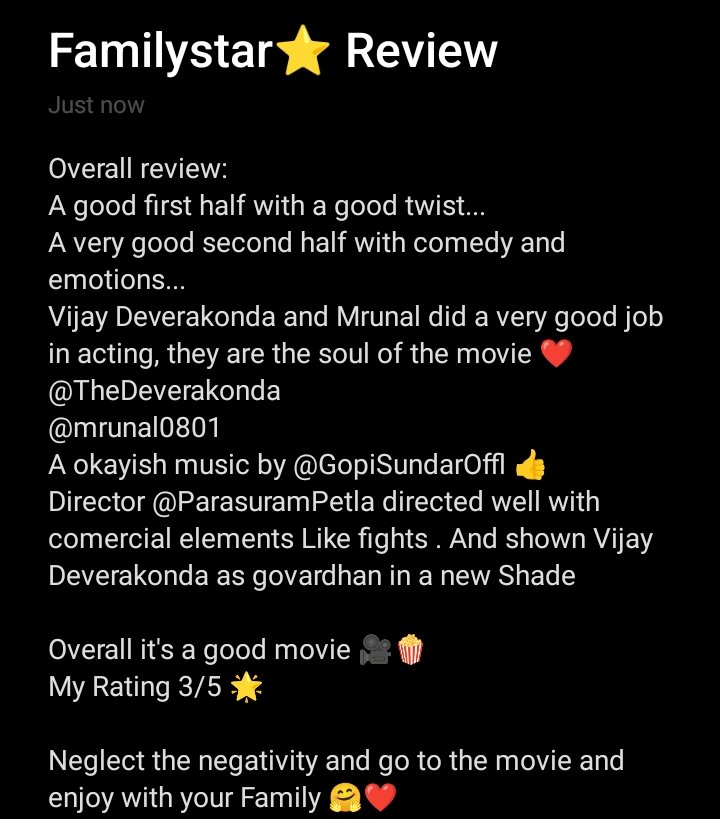 Overall review:

#FamilyStar #FamilyStarReview #TheFamilyStar #TheFamilyStarReview #VijayDeverakonda #TheVijaydeverakonda #MrunalThakur