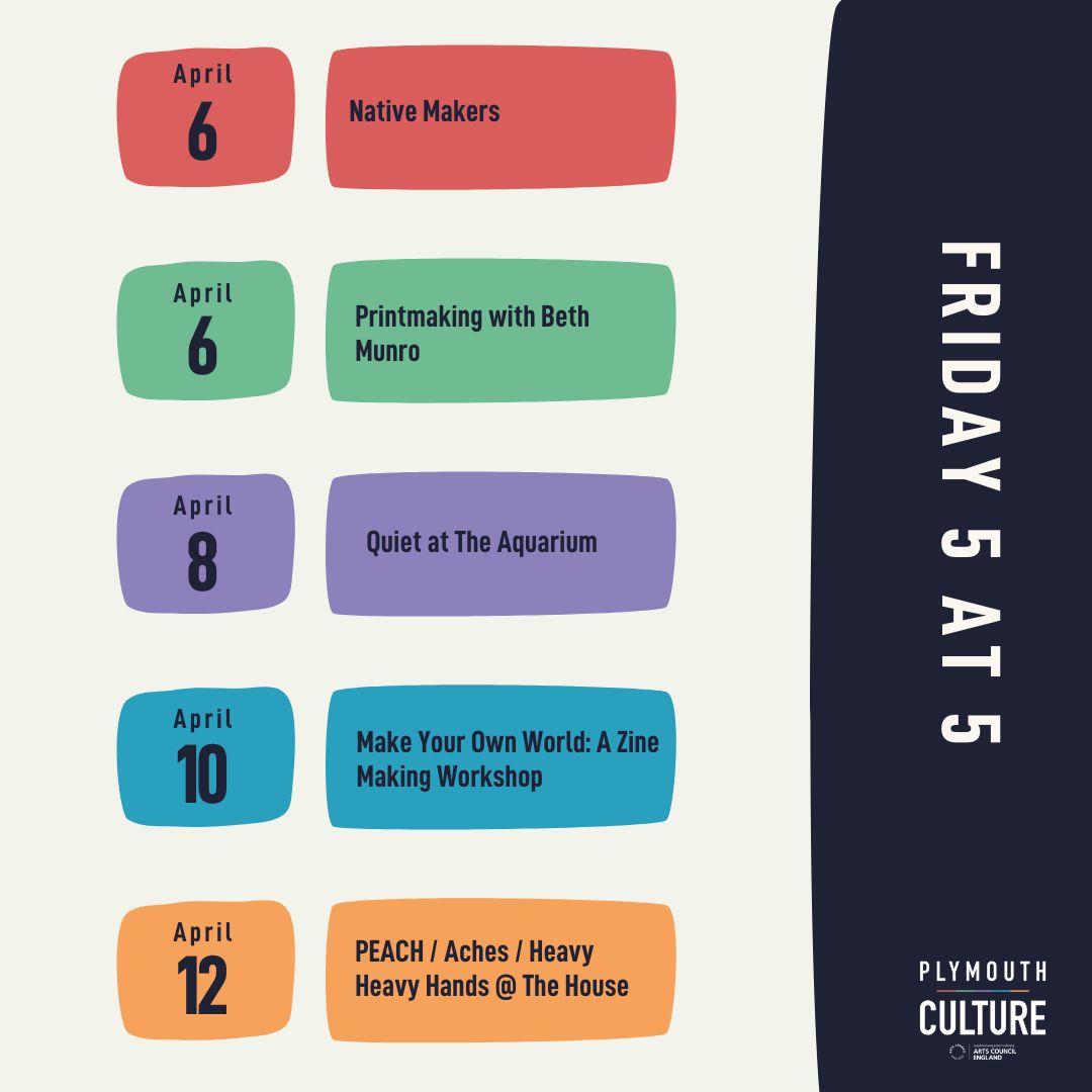 Friday 5️⃣ at Five - Here's our top five cultural highlights that we think you should know about this week in Plymouth! Find these events and more, or submit your local events here 👇🏼 bit.ly/3P0y9iA @realideasorg @NMAPlymouth @plymuni