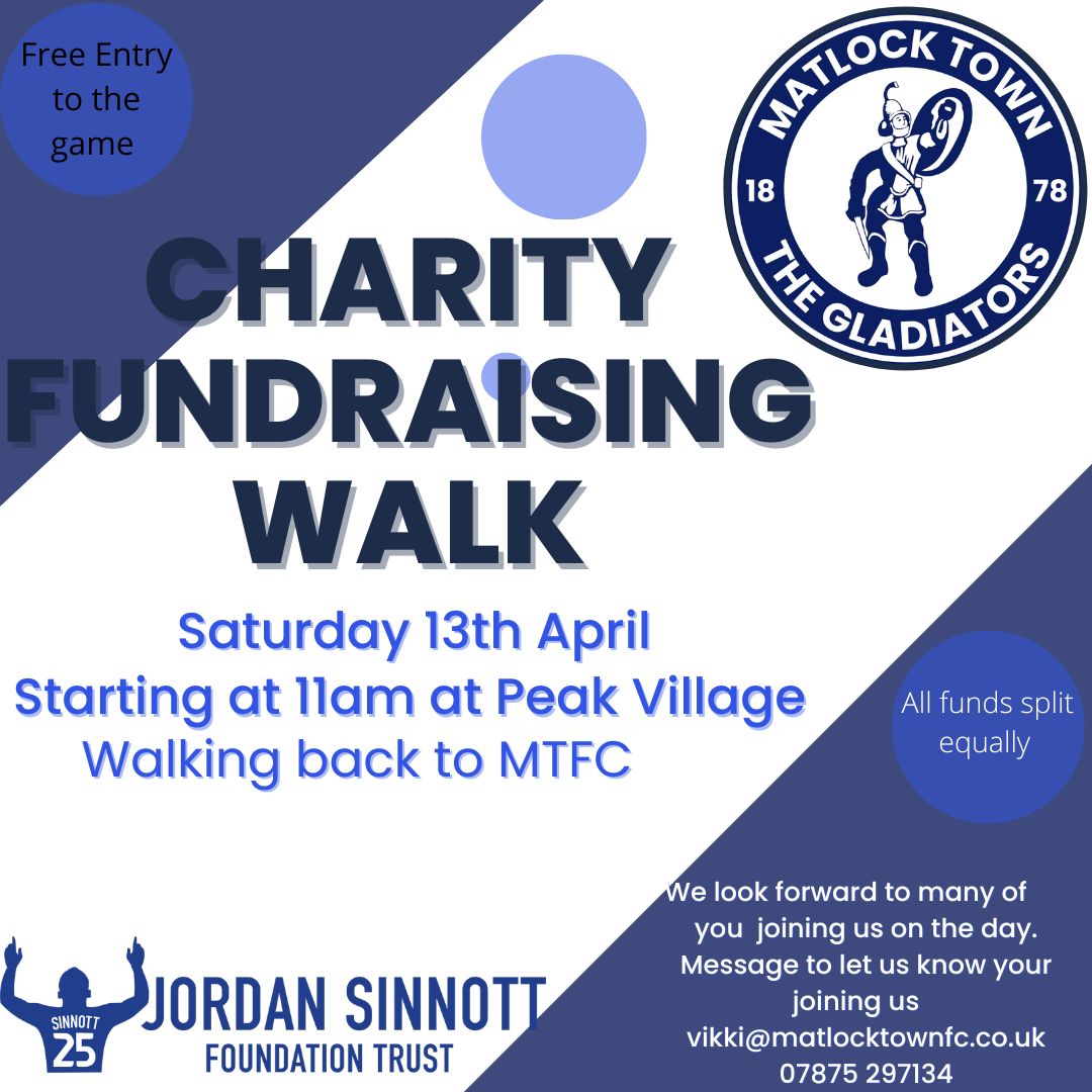 Matlock Town FC are holding a #CharityFundraisingWalk on Saturday 13th April 🚶‍ They are looking forward to everyone joining them! The walk starts at Peak Village, ending up at #MatlockTown Football Club, in time for the game. Message vikki@matlocktownfc.co.uk to join