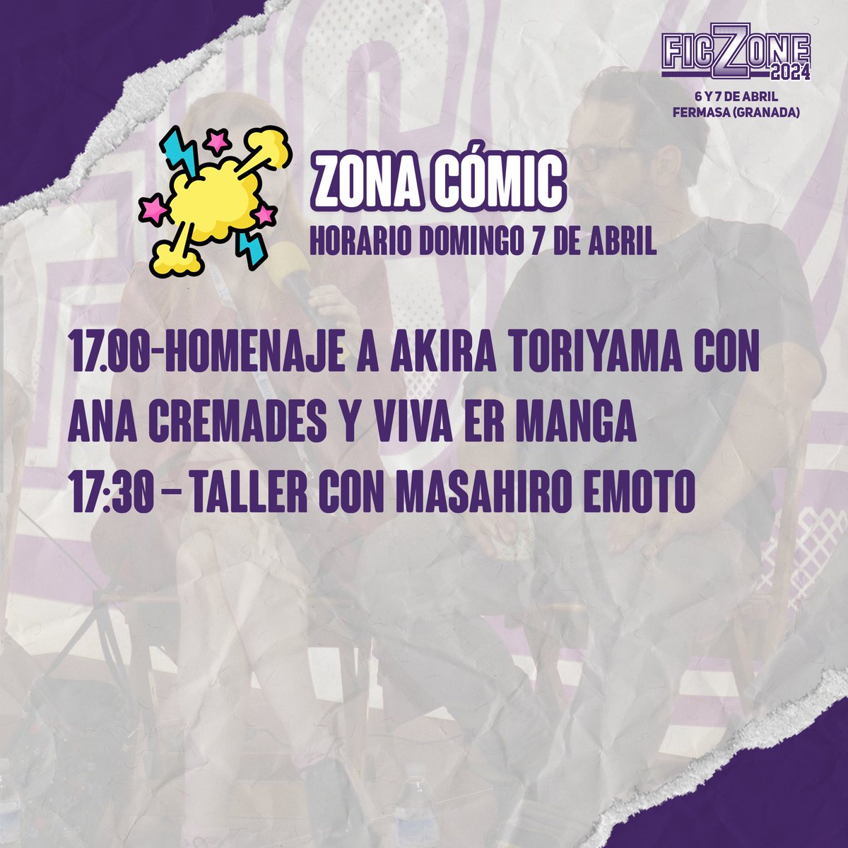 💬 Horario charlas y presentaciones para la Zona Cómic de Ficzone 2024 🗓️ 6 y 7 de abril 📍 FERMASA (Granada) ➡️ficzone.com/zona-comic/
