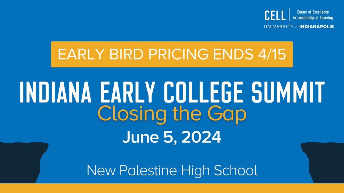 Early bird registration for the 2024 Indiana Early College Summit ends April 15. Don't miss your chance to lock in early bird pricing, then join us on June 5 to learn how to better bridge the gap between high school and college. > cell.uindy.edu/ec-summit-2024 #INEarlyCollegeSummit