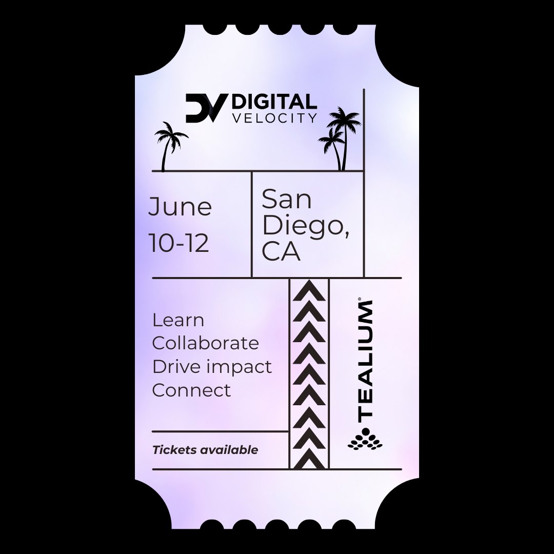 tealium's tweet image. Grab your ticket 🎟️ for #Tealium&apos;s Digital Velocity event at in beautiful #SanDiego. Explore the right data for successful AI, privacy and compliance and MORE!

Tickets are getting snapped up📍okt.to/yJDEnp.    

#MarTechConference #ITConference #Event #DV2024