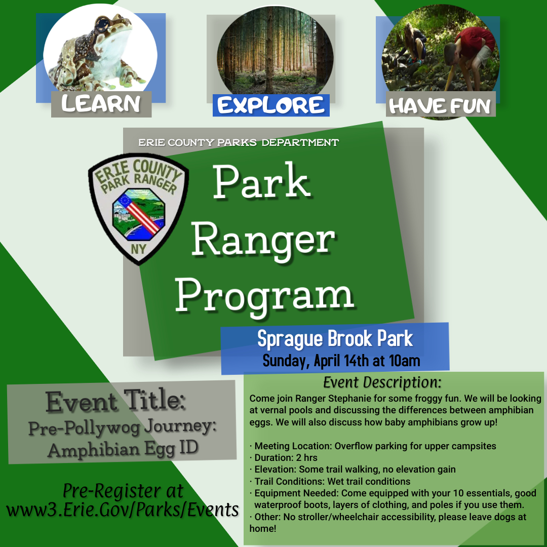 Come join Ranger Stephanie for some froggy fun. We will be looking at vernal pools and discussing the differences between amphibian eggs. We will also discuss how baby amphibians grow up! To pre-register for the event visit: www3.erie.gov/parks/form/pre…