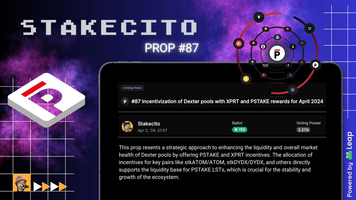 stakecito's tweet photo. $XPRT Prop #87:
Incentivization of Dexter pools with XPRT and
@pStakeFinance rewards for April 2024
Stakecito voted YES ✅
(Reason in the image)
#VoteCito https://t.co/RuYtBQZWet