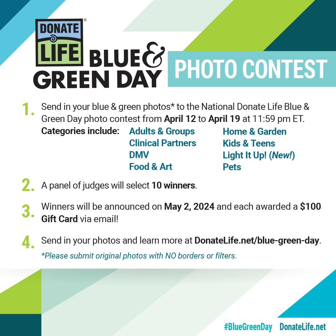 On National Donate Life Blue & Green Day, Friday, April 12, we encourage everyone to wear blue & green to support the #DonateLife cause and each year, Donate Life America hosts a National Blue & Green Day Photo Contest! 📷 💙💚 Share your stellar blue & green colors and send ...