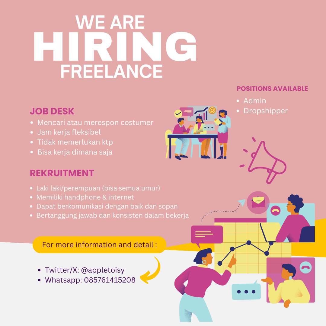 appletoisy's tweet photo. @_digitalprism_ halo kak!👋🏻 cobain freelance di aku yuk, cocok banget buat pelajar/mahasiswa yang pengen nambah uang jajan. sehari bisa dapat 250k-700k, tanpa KTP dan jam kerjanya fleksibel! tanpa pengalaman juga bisa join nanti aku tutorin 2 job sekaligus, langsung masuk dm for detail job ya!🤩 https://t.co/sDmjNKMHPa