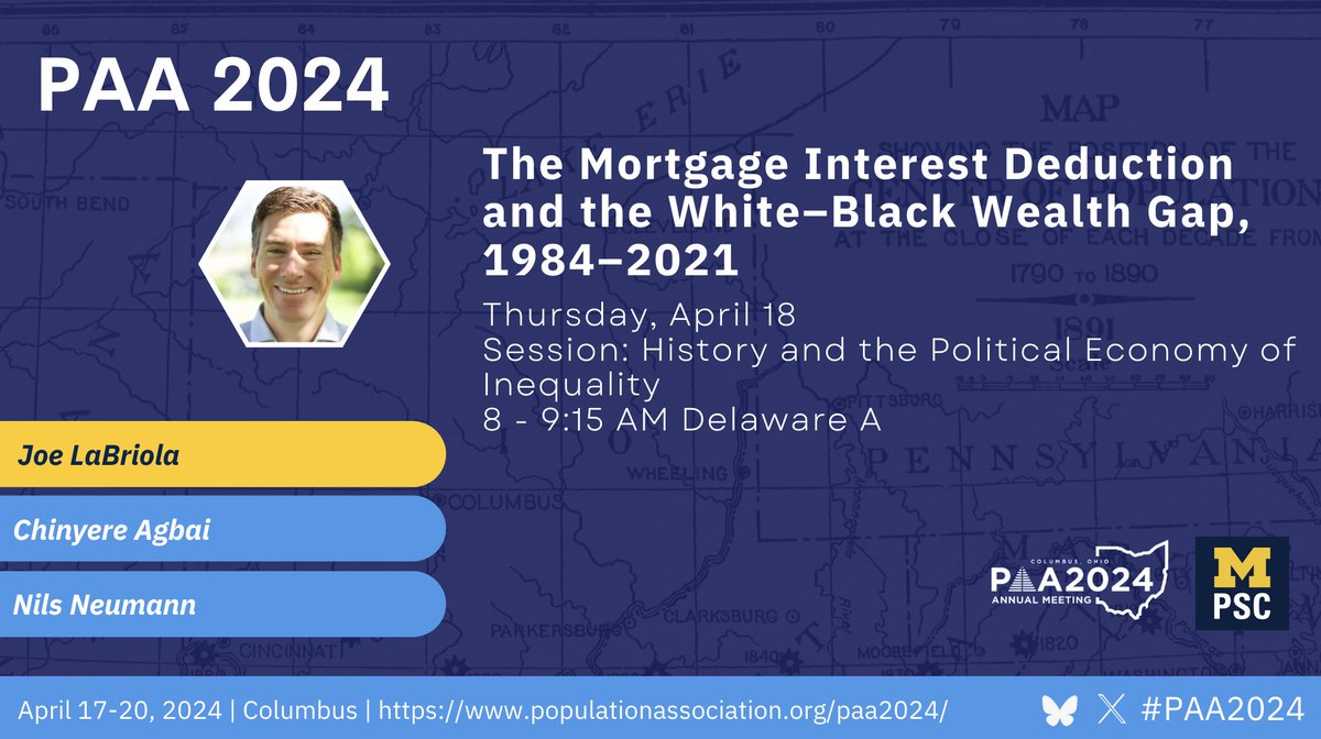 The home mortgage interest deduction disproportionately benefits White households over Black households: @joelabriola, @chinyereagbai and @realnilsneumann present @umpsid evidence and calculate how reforms could affect inequality. @umichStoneCID #PAA2024 submissions.mirasmart.com/PAA2024/Itiner…
