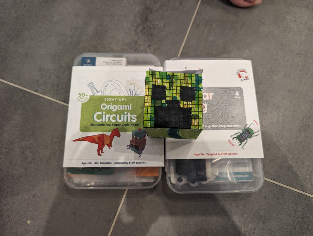 Bit of Easter fun with Charlotte, I bought these from @pimoroni last year, but we didn't get time to use them in October half term. Found a set of Minecraft designs on @BrownDogGadgets site, she's had so much fun making a vibrating creeper 🙂