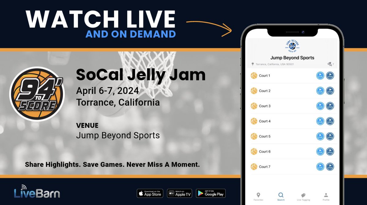 The SoCal Jelly Jam, presented by 94 to Score, begins tomorrow in California! 🏀

Can't make it to the court? We are streaming games throughout the weekend. Watch live or on-demand for 30 days, and don't forget to submit your highlights for a chance to be featured! 🎥
