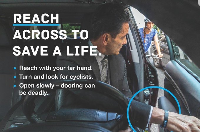 Before exiting your vehicle. 1️⃣ Reach your door with your far hand. 2️⃣ Turn and look for cyclists. 3️⃣ Open your door slowly. It can save a life.