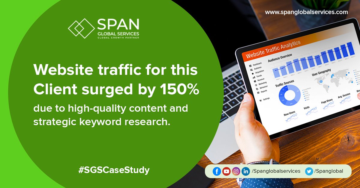 By addressing specific pain points with high-quality content, website traffic increased by 150%. You can learn more, including our recommended solutions, action points, and the successful outcome by reading further: bit.ly/3Pk75dj #SGSCaseStudy #SpanGlobalServices