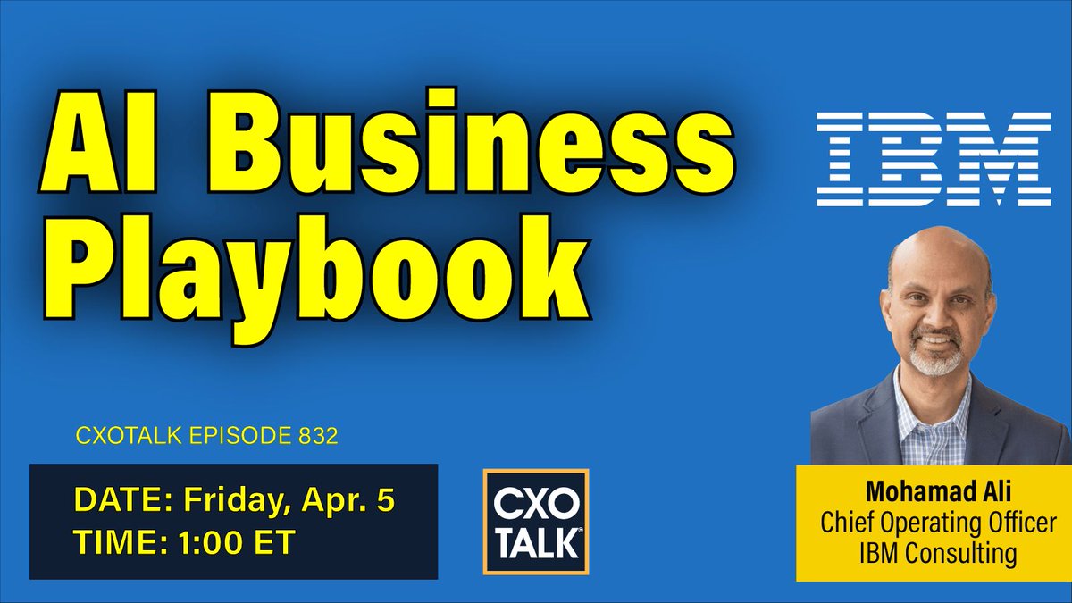 We're gearing up for 1 pm ET / 10 am PT Fri. 5 April 2024 AI Playbook for Business Results Join #CXOTalk guest @MhsAli, COO, @IBMconsulting. cxotalk.com/episode/ai-pla… How does the understanding of “value “ change w the use of AI tools? #CIO #COO #AI #EnterpriseAI #ITsolutions