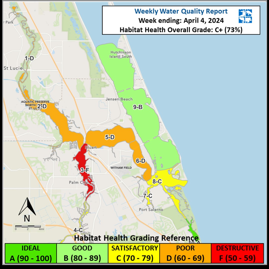 This week’s water quality grade for habitat health in the SLE and southern IRL earned a “C” based on water clarity, oxygen content, and salinity values in 38 reports across 10 zones. #onelagoon Read the full report 👉 ow.ly/Gn1w50R9jH4