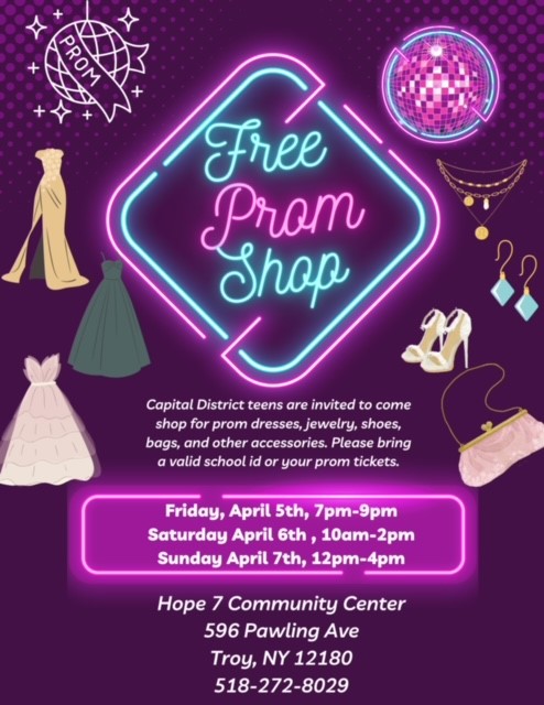 Prom season is fast approaching, and Hope 7 Community Center is here to help! Teens in the Capital District are invited to shop for prom dresses, jewelry, shoes, bags and more, free of charge. Just bring a valid school id or your prom tickets!
