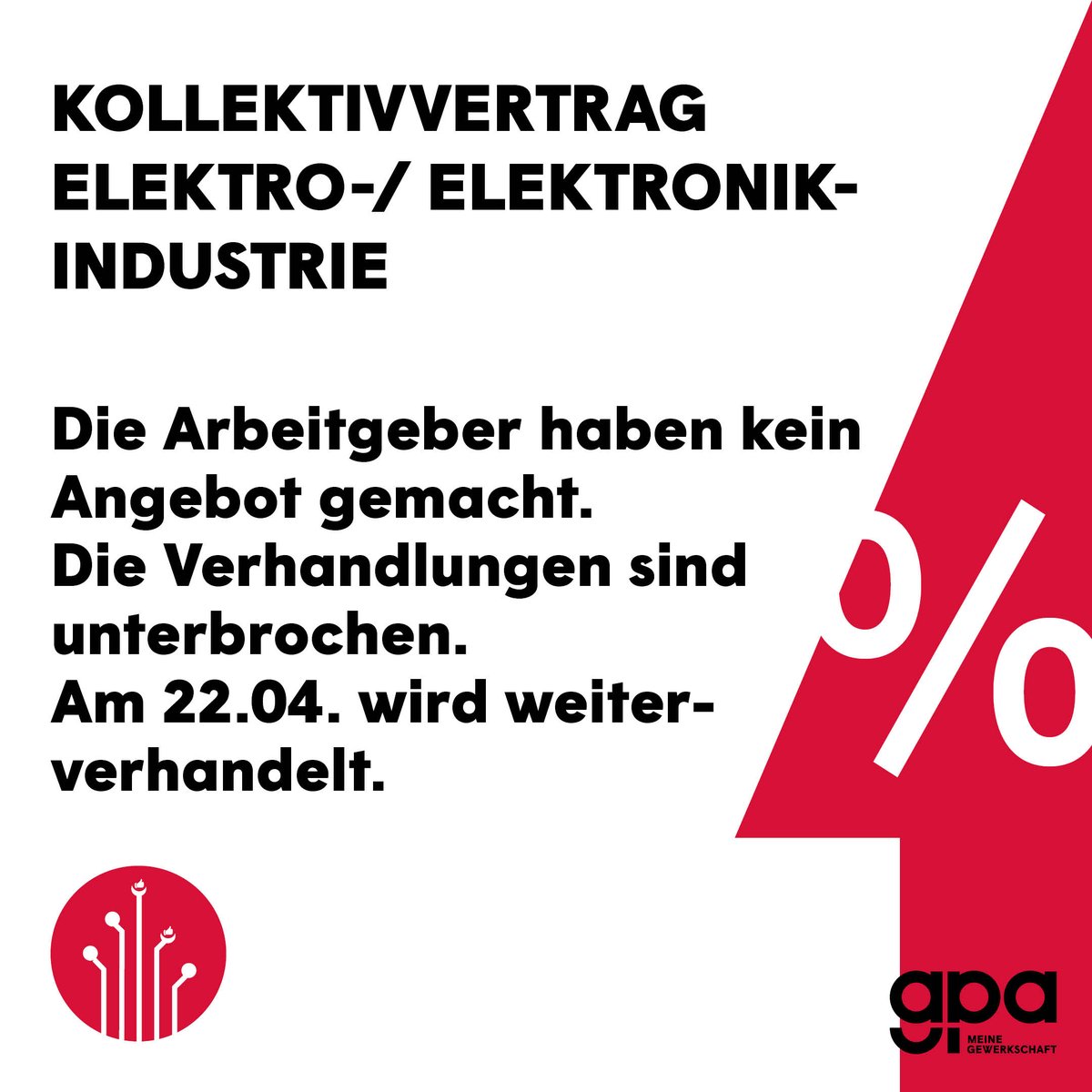 GewerkschaftGPA's tweet image. Heute haben wir gemeinsam mit der #PROGE die #Kollektivvertragsverhandlungen für die ~60.000 Beschäftigten in der Ö Elektro- &amp;amp; Elektronikindustrie fortgesetzt. Die Arbeitgeber haben uns kein Angebot gemacht, Verhandlungen sind unterbrochen.