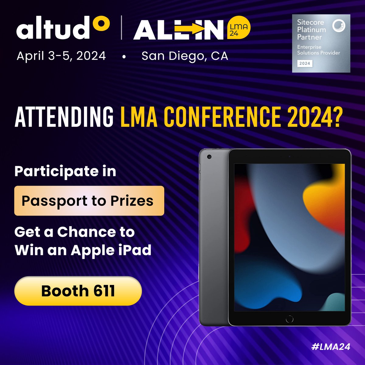 The 'Passport to Prizes' winner will be announced today at #LMA24. We hope you registered &  increased your chances to win #Apple iPad from Altudo.🎉

➡️Learn more: altudo.co/lma-2024?utm_s…

@Sitecore
#LegalMarketing #MarketingEvent #SitecorePartner #AltudoEvents