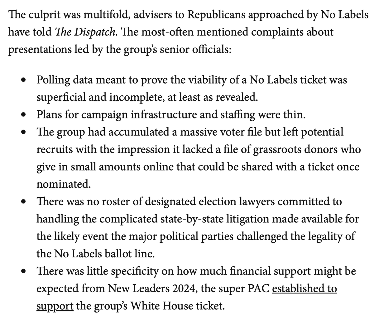 Juicy deets on No Labels recruits' complaints with the group's efforts in Dispatch Politics via @DavidMDrucker @MichaelRWarren @charleshilu73 thedispatch.com/newsletter/dis… ⬇️