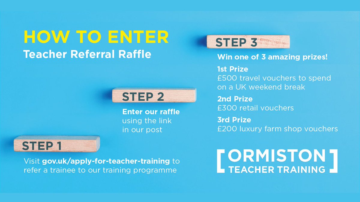 🔹 BIG NEWS 🔹
Today, we are launching our, Teacher Referral Raffle!

You will have the chance to support an aspiring teacher and in return, win prizes!

For more information 🔹bit.ly/TeacherReferra…
Closing date: Friday 5 July 2024

#traintoteach #raffle