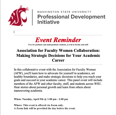 Association for Faculty Women Collaboration: Making Strategic Decisions for Your Academic Career  April 9 @ 1:00 pm - 2:00 pm  REGISTER HERE: ow.ly/BXqH50R9q86