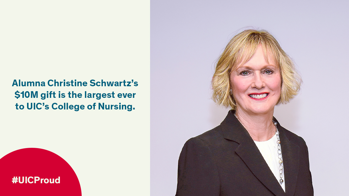 Thank you, alumna Christine Schwartz, for your $10M gift to UIC’s College of Nursing. It's the college’s largest donation ever and will help deliver advanced nursing training and provide critical surgical professionals to surrounding communities in need #UICProud #UIC #UICNursing