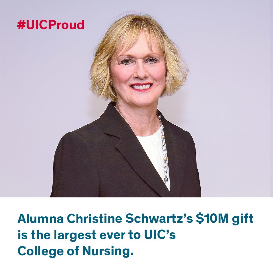 Thank you, alumna Christine Schwartz, for your $10M gift to UIC Nursing. It is the college’s largest donation ever and will help launch a nurse anesthesia program. Huge need for these professionals now. #UICProud #UICAlumni #UICGifts #HealthCare #NursingStudents