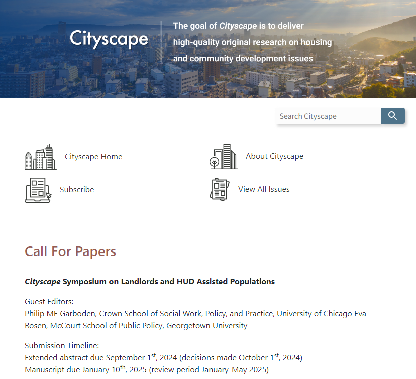 Hello housing policy researchers. @eva_rosen and I are editing a symposium for Cityscape that will include papers at the intersection of landlords (our favorite thing) and HUD assisted populations (our other favorite thing). Please consider submitting an abstract.