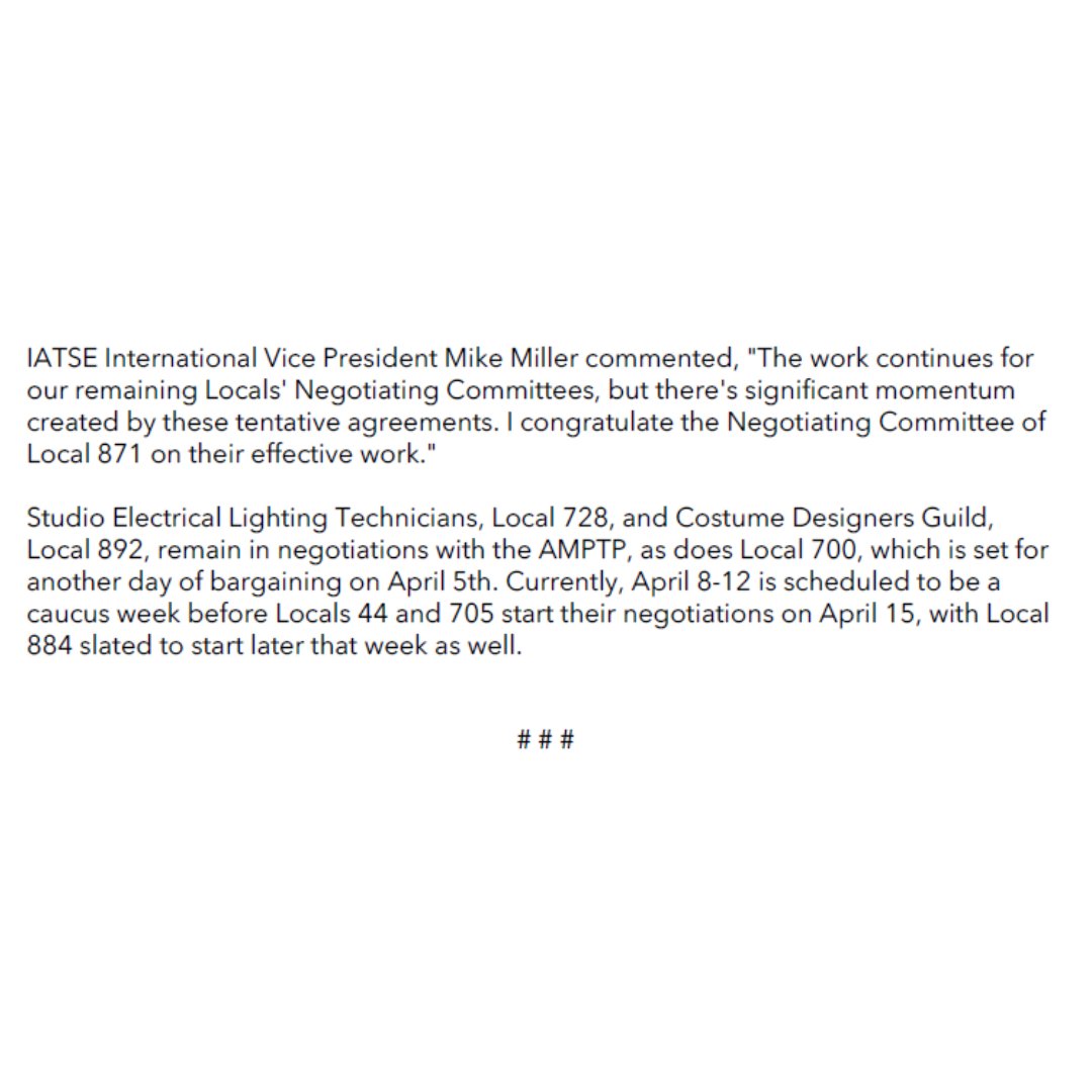 Hollywood Basic Local Negotiations Update from the @IATSE: Local 871 reaches tentative agreement, 728, 892 and 700 to continue talks. #IASolidarity #ManyCraftsOneFight @MPEG700 @cdglocal892 #IATSELocal728 @IALocal871