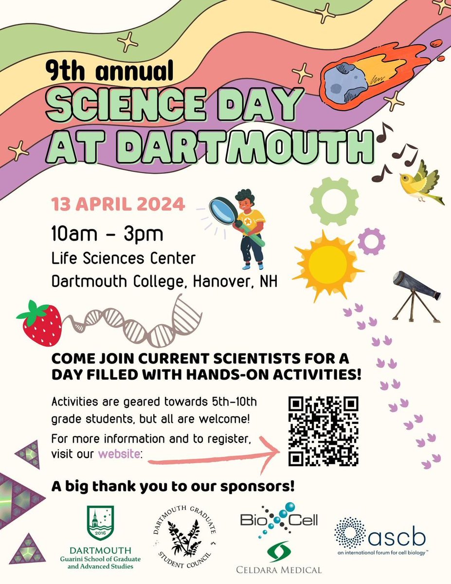 Science Day @dartmouth is quickly approaching! Join us for a day filled with fun interactive experiments and demonstrations led by Dartmouth students and staff, learn about their work, and find out about what they love to do 🧑‍🔬 Learn more and register at links in thread!