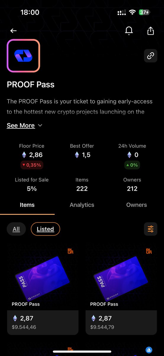 Wait $proof is on huge discount as well, imagine not have bag at <a href="/PROOFplatform/">PROOF</a> and those nfts are really something, imagine only 5% is for sale - floor ? U cant have them … rareeeee