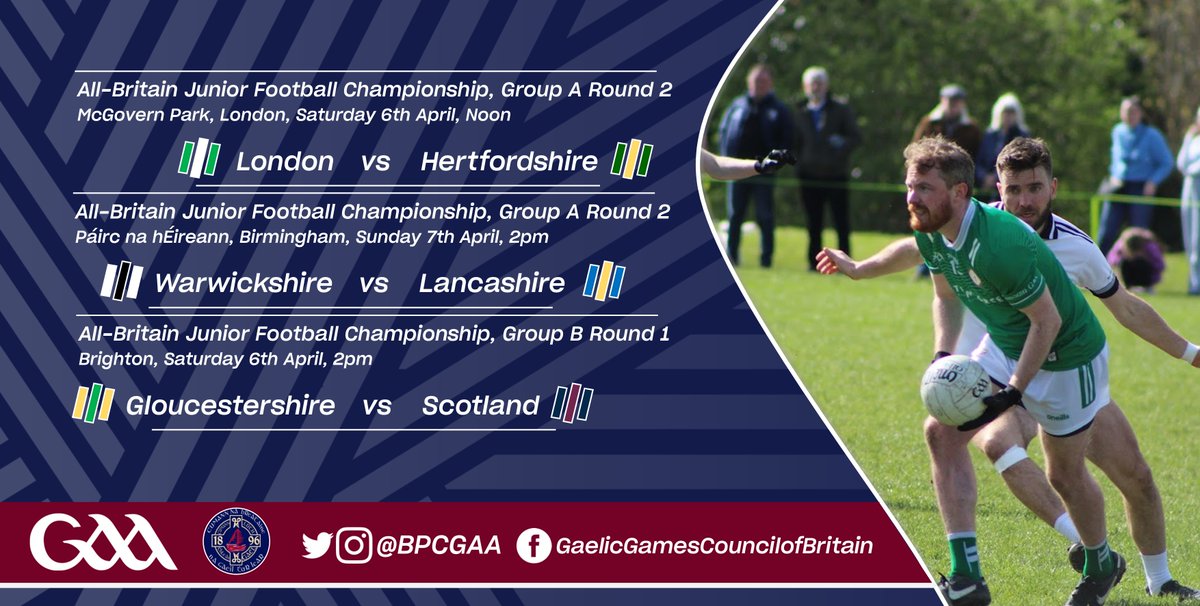 It's the next set of games this weekend in the All-Britain Football Championship: Group A, Ruislip, Sat 12pm @LondainGAA v @hertsgaa Group A, Birmingham, Sun 2pm @warwickshireclg v @OfficalLancGAA Group B, Brighton, Sat 2pm @Gloucestershir3 v @ScotlandGAA @BPCGAA @theirishpost