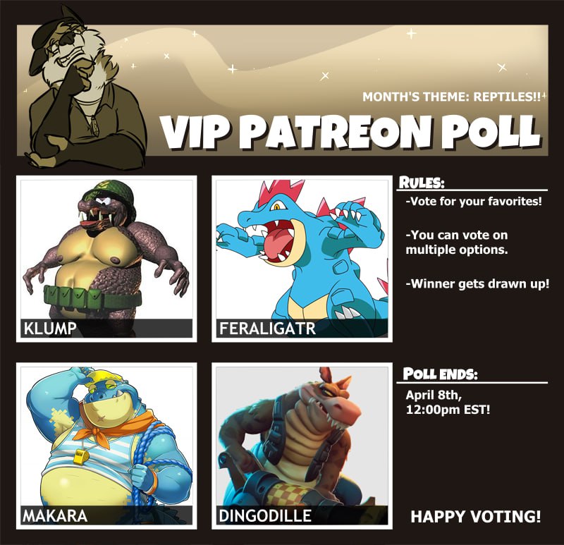 ✨ April's Polls are now OPEN! ✨ Choose between your favorite birds and reptiles before Apr 8th, 12:00pm EST! Remember you can vote on multiple folks! Regular Poll (Weight Gain) -- patreon.com/posts/10170487… VIP Poll (NSFW Vore) -- patreon.com/posts/10170932…