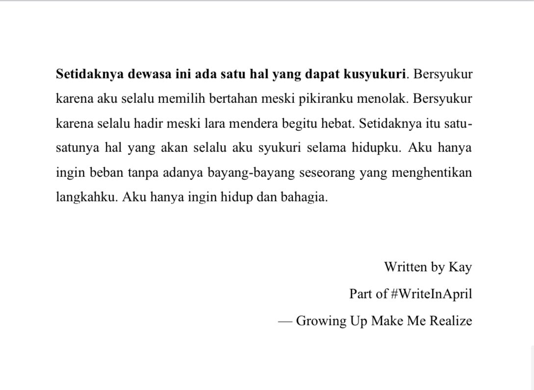 jakraptrv's tweet photo. #WriteInApril; challenge by @bubblatea
🫧📂— “Bertumbuh dewasa setidaknya memberiku pemahaman bahwa aku adalah milik diriku sendiri.”
day one. https://t.co/z0Cs3jNi3w