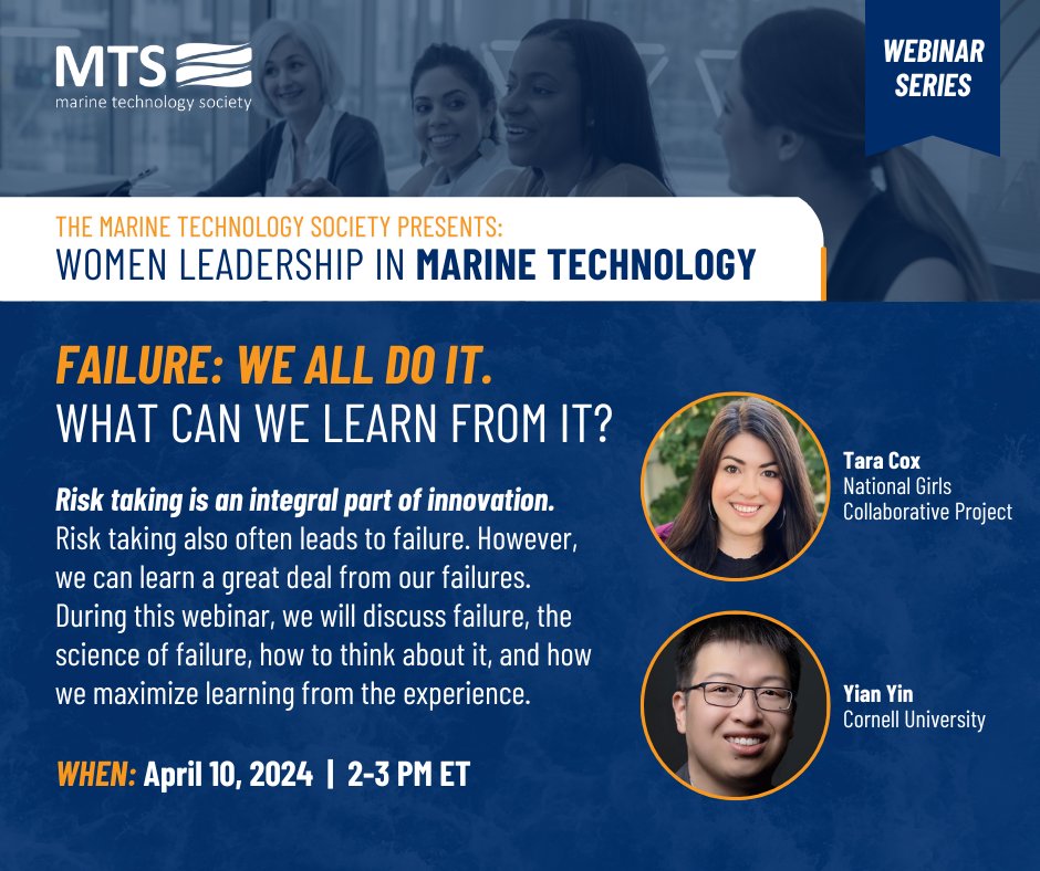 Join us next week for this must-attend event on embracing failure as a pathway to success! 📈 📅 Date: Wednesday, April 10, 2024 🕑 Time: 2:00 - 3:00 PM ET Risk, learn, and grow with us! Register now: hubs.ly/Q02rZbfm0 #WomenInSTEM #MarineScience #MarineTechnology
