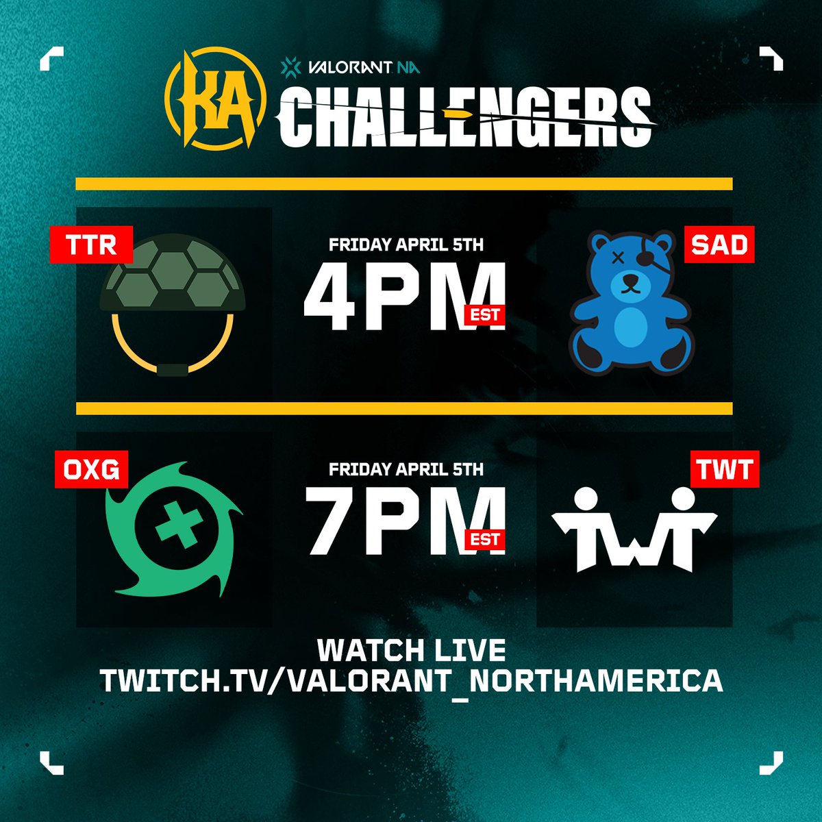 VALORANT Esports NA (@valesportsna) on Twitter photo Take a look at the schedule for Day 3 of #ChallengersNA Week 3!
🕓4PM EST
(<a href="/turtletroopsval/">Turtle Troop</a> vs <a href="/SadEsportsOrg/">SaD Esports</a>)
🕖7PM EST
(<a href="/OXG_Esports/">Oxygen Esports</a> vs <a href="/twtVALO/">together we are terrific</a>)
📺twitch.tv/VALORANT_North… Take a look at the schedule for Day 3 of #ChallengersNA Week 3!
🕓4PM EST
(<a href="/turtletroopsval/">Turtle Troop</a> vs <a href="/SadEsportsOrg/">SaD Esports</a>)
🕖7PM EST
(<a href="/OXG_Esports/">Oxygen Esports</a> vs <a href="/twtVALO/">together we are terrific</a>)
📺twitch.tv/VALORANT_North…