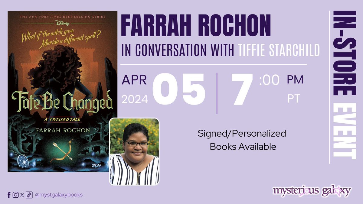 Tonight, at 7 PM PT, we're hosting an In-Store event with FARRAH ROCHON (@farrahrochon) and TIFFIE STARCHILD to discuss FATE BE CHANGED! Signed and personalized books available! @disneybooks For more information & to register -> buff.ly/3TBBszA