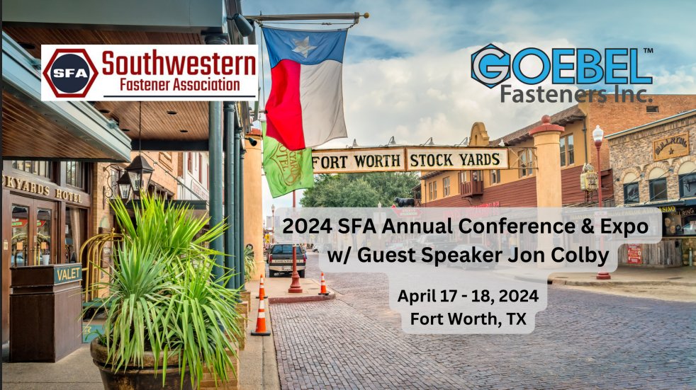 Join us April 17th - 18th at the <a href="/SouthWfastAssoc/">Southwestern Fastener Association</a> Conference &amp; Expo in Fort Worth, TX! This years schedule of events is perfect for everyone with keynote speakers Lonni Kieffer and Jon Colby, industry dinner &amp; networking event!
#SFAConnects

Register Here: hubs.ly/Q02rZhzQ0