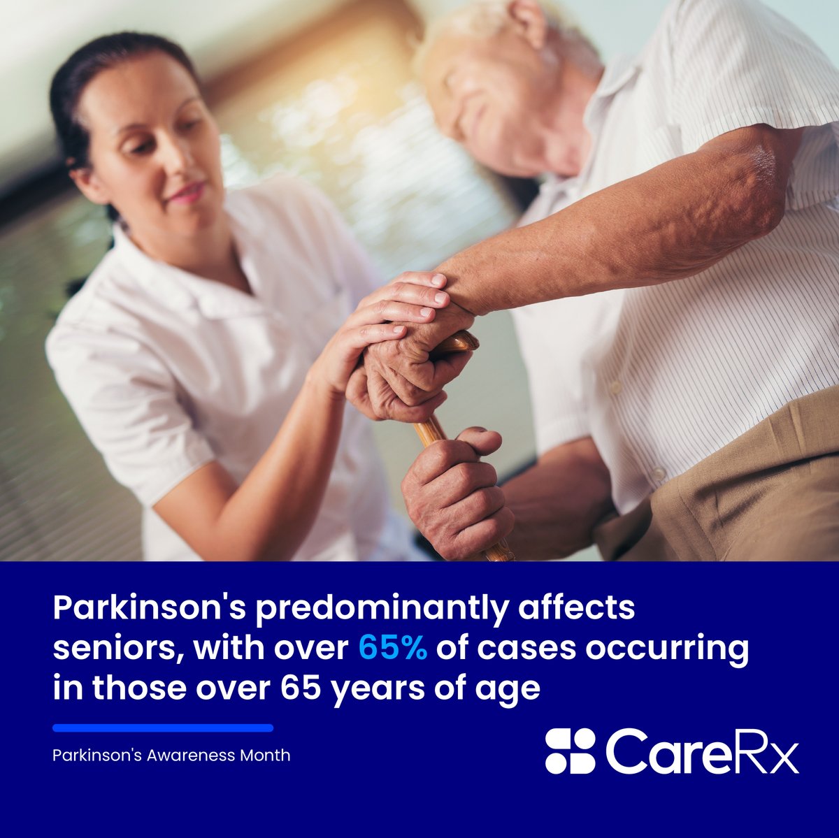 Did you know Parkinson's predominantly affects seniors, with over 65% of cases occurring in those over 65? CareRx provides educational support to manage seniors with Parkinson's disease and falls prevention. To find out more, visit: carerx.ca #ParkinsonAwareness