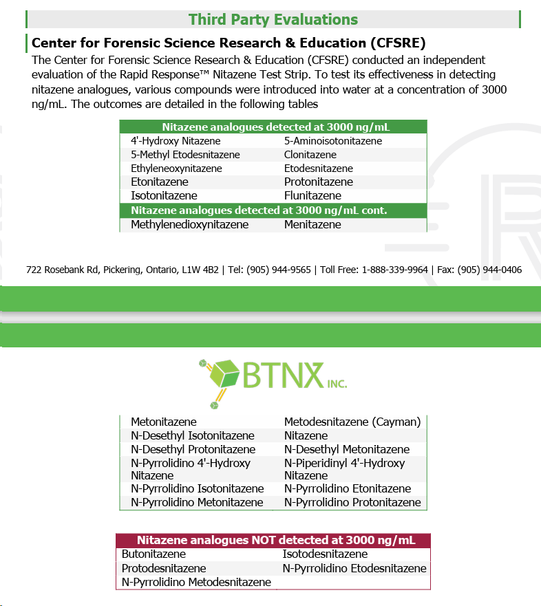 'The Rapid Response Nitazene Test Strip (NTZ-18S26) from BTNX is specifically designed for the swift screening of nitazenes in liquid/powder samples. This test incorporates an antibody that selectively identifies nitazenes.' btnx.com/files/BTNX%20R…