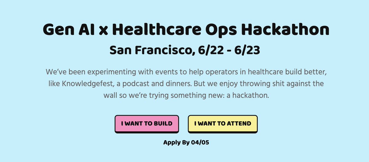 enjoy earthquakes? also enjoy building stuff in healthcare? How about topicalness and contrived segues? IT'S THE LAST DAY TO APPLY TO OUR HEALTHCARE AI HACKATHON IN SF! We're getting people together to build generative AI stuff in healthcare!! In SF in June! It'll be for 48