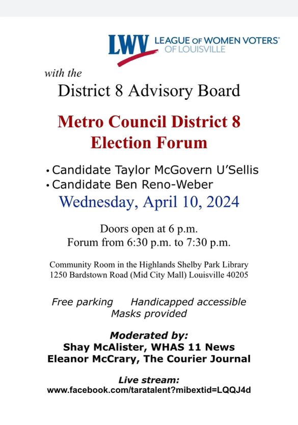 Honored to be invited to moderate the Metro Council District 8 Election Forum alongside fellow journalist and @mujschool alum @ShayMcAlisterTV. See you on Wednesday, @TaylorMUSellis and @benforlou8!