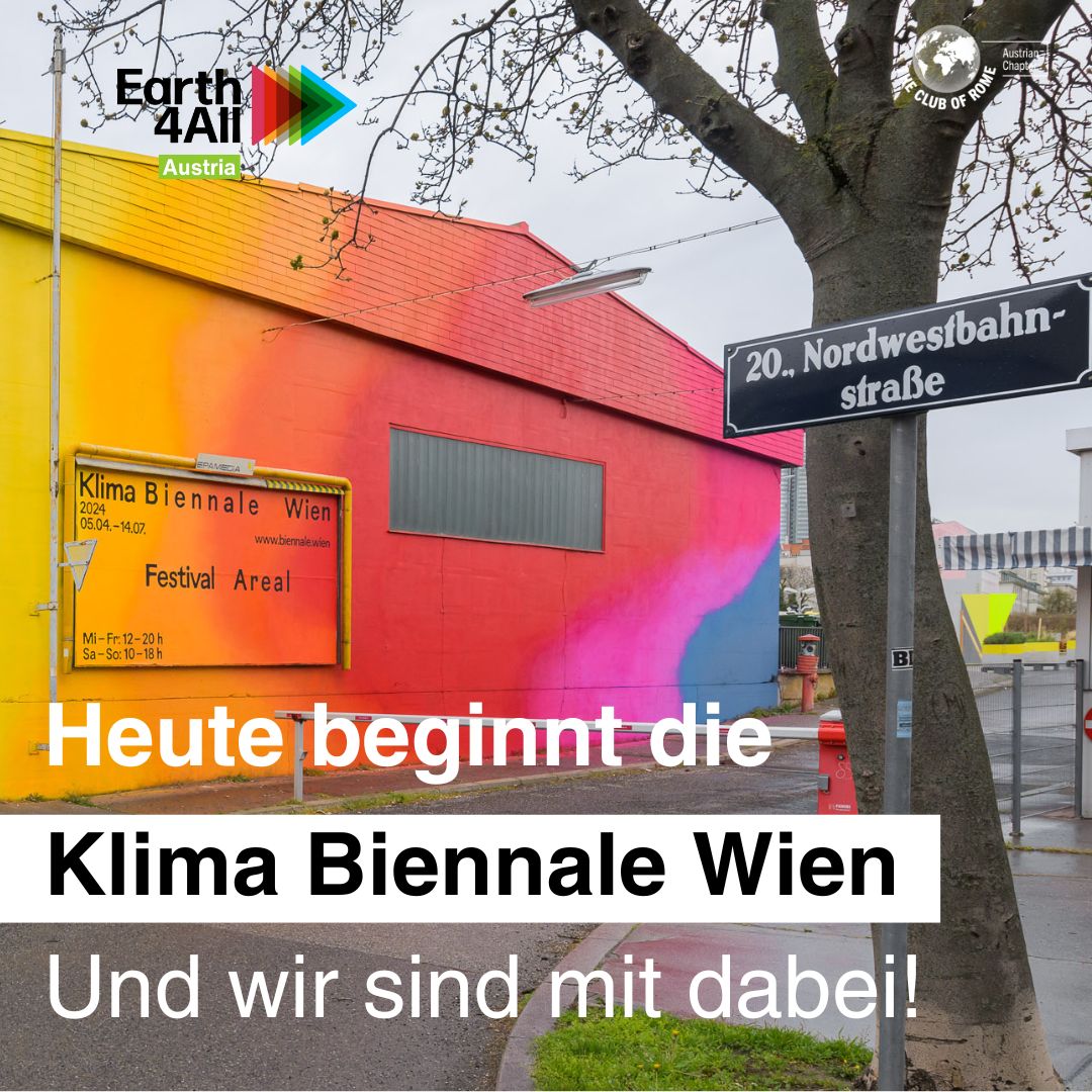 🌍 Die erste #klimabiennalewien ist eröffnet und wir sind dabei! 100 Tage, 10 Tage intensives Programm. 
Am Montag, den 8.7.2024, stellen wir unser Earth4All Austria Projekt vor. Jetzt anmelden!
clubofrome.at/veranstaltunge…

biennale.wien
@earth4all #earth4allaustria