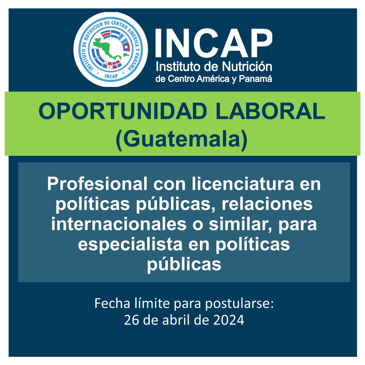 OPORTUNIDAD LABORAL Especialista en política pública y coordinador de grupo de trabajo. Los términos de referencia están disponibles en: incap.int/index.php/es/e…