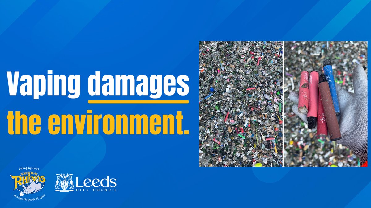 RugbyLeeds's tweet image. 𝗩𝗮𝗽𝗶𝗻𝗴 𝗱𝗮𝗺𝗮𝗴𝗲𝘀 𝘁𝗵𝗲 𝗲𝗻𝘃𝗶𝗿𝗼𝗻𝗺𝗲𝗻𝘁🌎

🚮 It’s estimated that 5 million disposable vapes are thrown away every week in the UK!

Single-use vapes contain batteries and difficult-to-recycle plastics which break down in landfills🔋

Don't get sucked in!