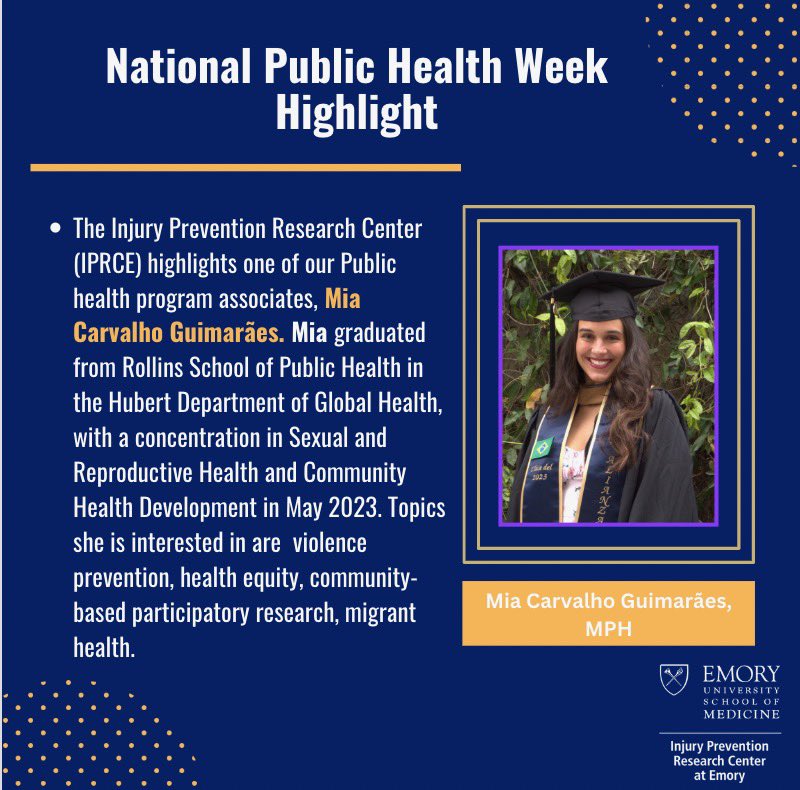 IPRCE highlights one of our Health Program Associates, Mia Carvalho Guimaraes. Mia graduated from Rollins School of Public Health in the Hubert Department of Global Health, with a concentration in Sexual and Reproductive Health and Community Health Development in May 2023.
